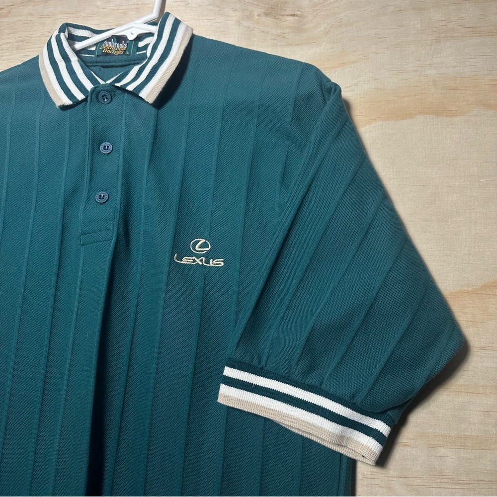 RARE 90s Vtg Lexus Striped Ringer Polo Quarter Button Up USA LS400 Beige Green L